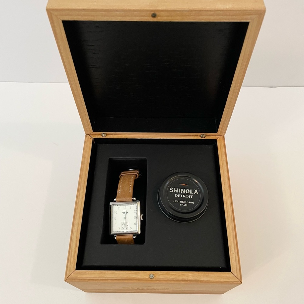 Shinola Rectangle Silver Case Watch with Brown Leather Strap